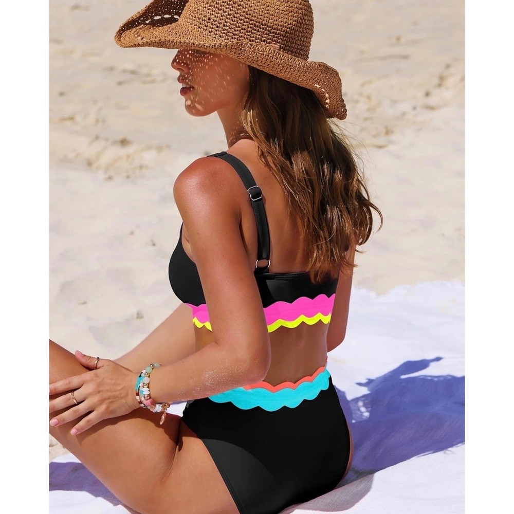 NWT Popvil Neon Scalloped Bikini Set High Waist Sporty Black Small - Picture 2 of 7